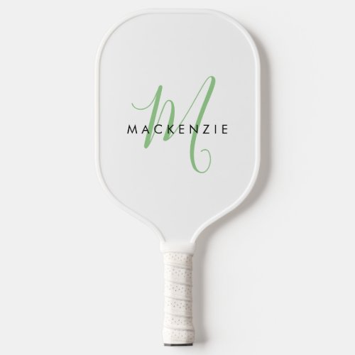 Elegant Modern White Green Script Monogram Pickleball Paddle