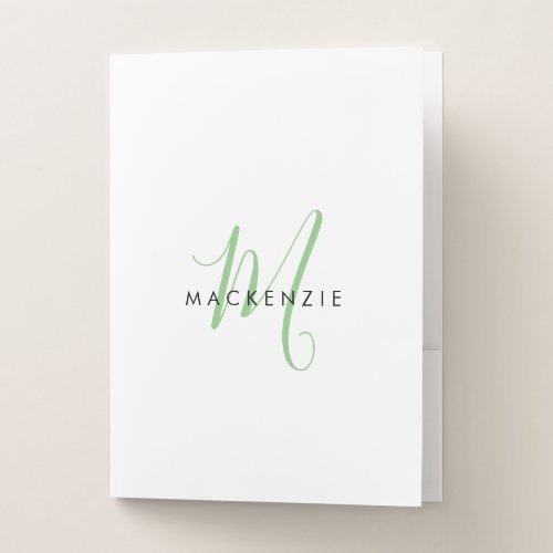 Elegant Modern White Green Script Monogram Pocket Folder