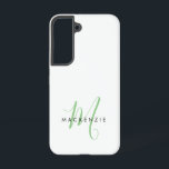 Elegant Modern White Green Script Monogram Samsung Galaxy S22 Case<br><div class="desc">Elegant Modern White Green Script Monogram Phone Case.  An elegant green script monogram combined with a clean black san-serif font makes for a contemporary look.</div>