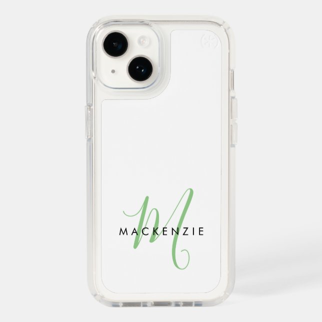 Elegant Modern White Green Script Monogram Speck iPhone Case (Front)