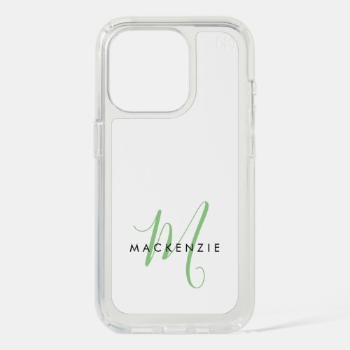 Elegant Modern White Green Script Monogram iPhone 15 Pro Case