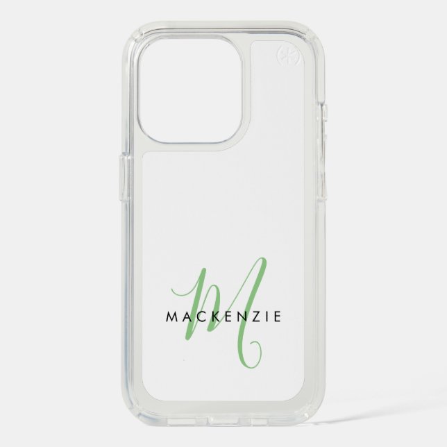 Elegant Modern White Green Script Monogram Speck iPhone Case (Front)
