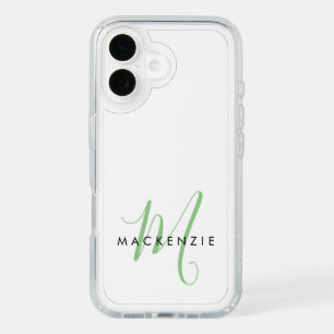 Elegant Modern White Green Script Monogram iPhone 16 Case