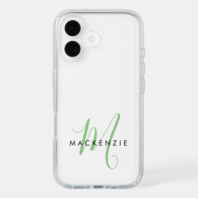 Elegant Modern White Green Script Monogram Speck iPhone Case (Front)