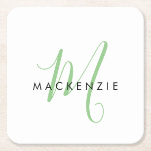 Elegant Modern White Green Script Monogram Square Paper Coaster