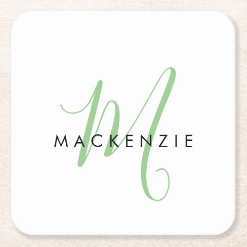 Elegant Modern White Green Script Monogram Square Paper Coaster