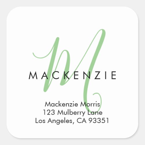 Elegant Modern White Green Script Monogram Square Sticker