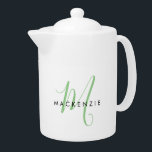 Elegant Modern White Green Script Monogram Teapot<br><div class="desc">Elegant Modern White Green Script Monogram teapot.  An elegant green script monogram combined with a clean black san-serif font makes for a contemporary look.</div>