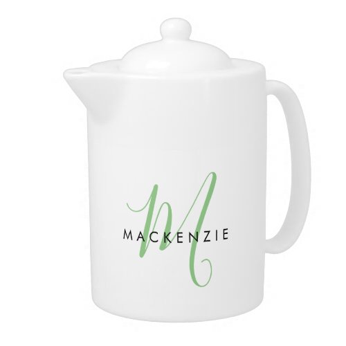 Elegant Modern White Green Script Monogram Teapot