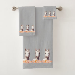 Elegant, Modern White Horses with Flowers on Gray Bath Towel Set