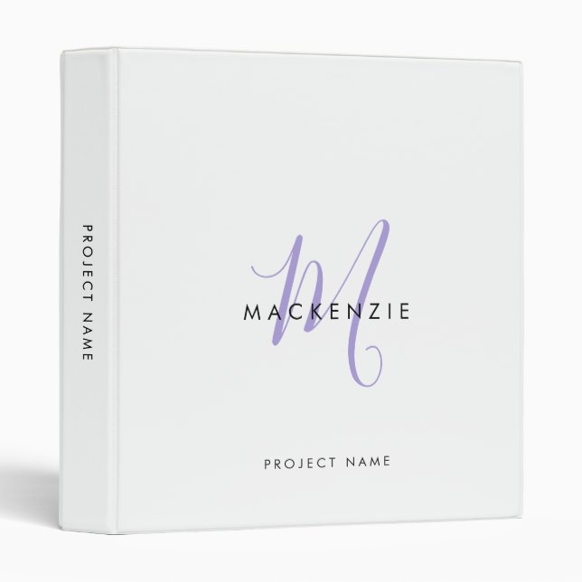 Elegant Modern White Lavender Script Monogram 3 Ring Binder (Front/Spine)