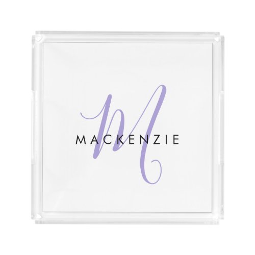 Elegant Modern White Lavender Script Monogram Acrylic Tray