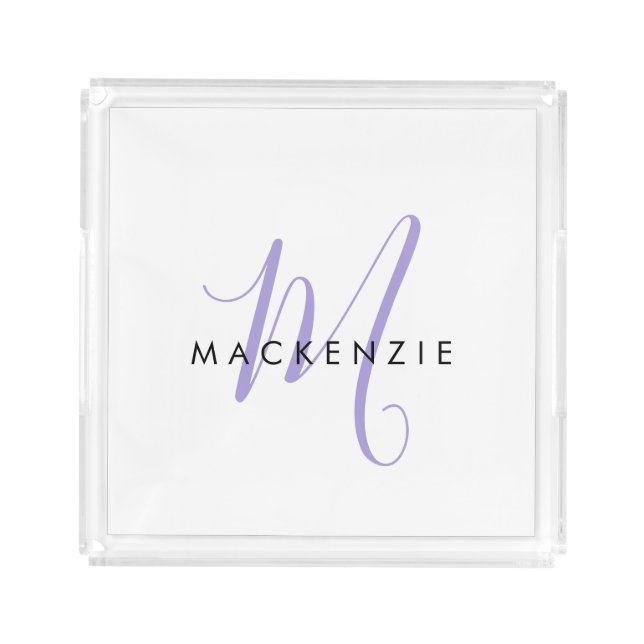 Elegant Modern White Lavender Script Monogram Acrylic Tray (Front)