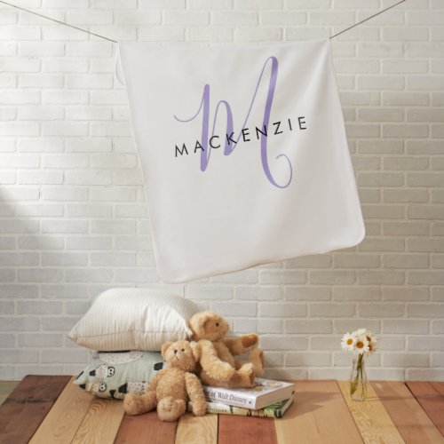 Elegant Modern White Lavender Script Monogram Baby Blanket