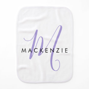 Elegant Modern White Lavender Script Monogram Baby Burp Cloth