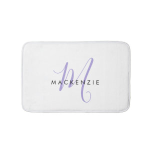 Elegant Modern White Lavender Script Monogram Bath Mat