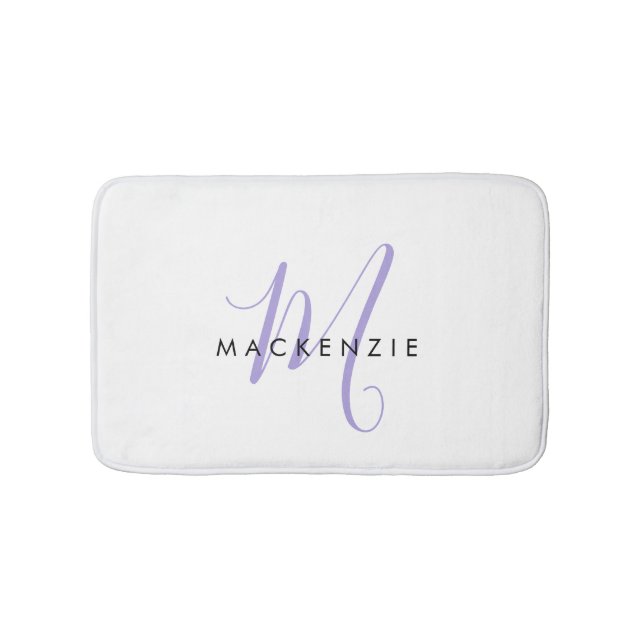 Elegant Modern White Lavender Script Monogram Bath Mat (Front)