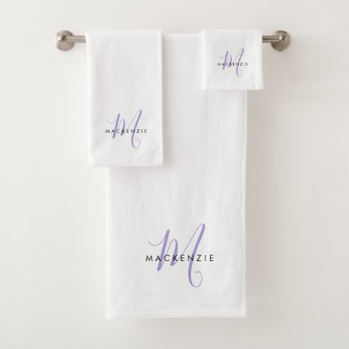 Elegant Modern White Lavender Script Monogram Bath Towel Set