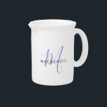 Elegant Modern White Lavender Script Monogram Beverage Pitcher<br><div class="desc">Elegant Modern White Lavender Script Monogram pitcher.  An elegant lavender script monogram combined with a clean black san-serif font makes for a contemporary look.</div>