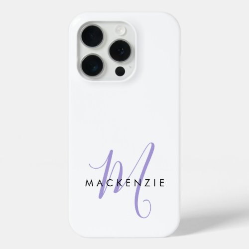 Elegant Modern White Lavender Script Monogram iPhone 15 Pro Case