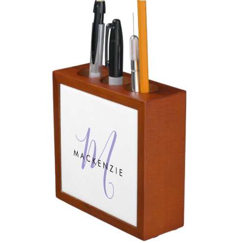 Elegant Modern White Lavender Script Monogram Desk Organizer