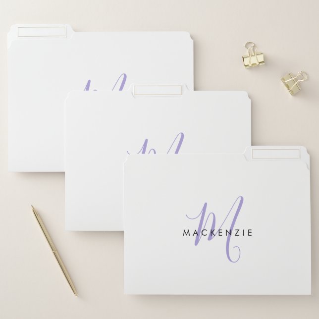 Elegant Modern White Lavender Script Monogram File Folder (Set)