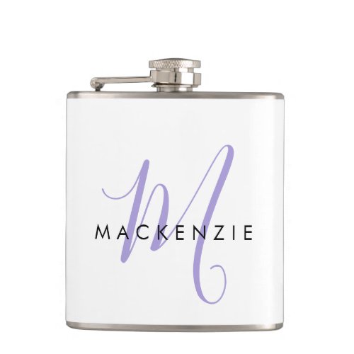 Elegant Modern White Lavender Script Monogram Flask