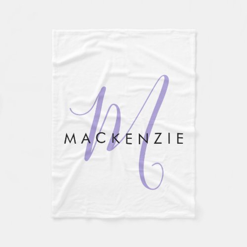 Elegant Modern White Lavender Script Monogram Fleece Blanket