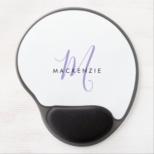 Elegant Modern White Lavender Script Monogram Gel Mouse Pad