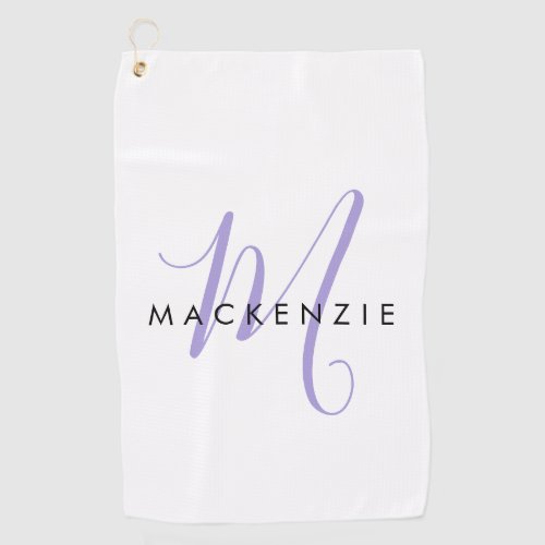 Elegant Modern White Lavender Script Monogram Golf Towel