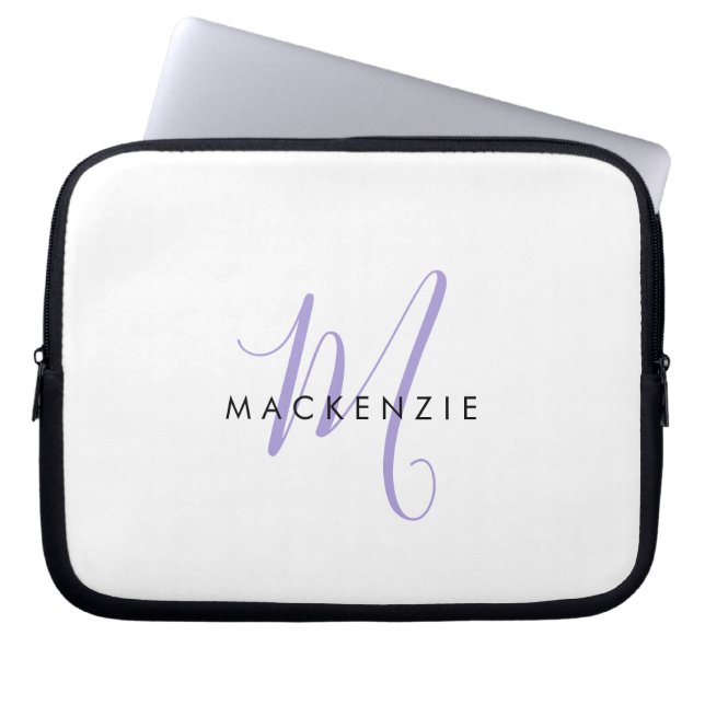 Elegant Modern White Lavender Script Monogram Laptop Sleeve (Front)