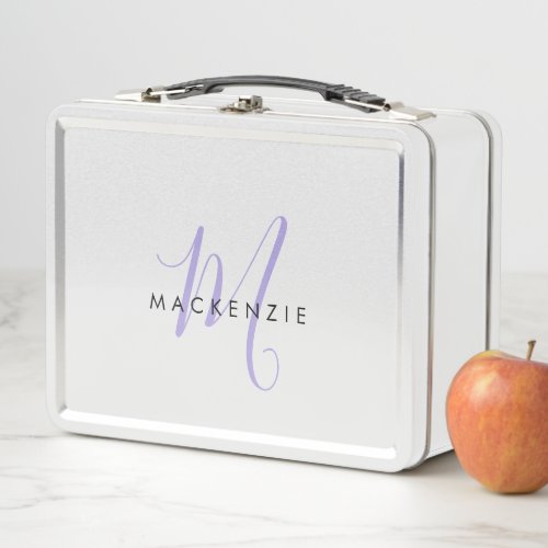 Elegant Modern White Lavender Script Monogram Metal Lunch Box