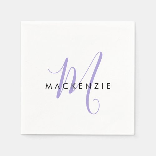 Elegant Modern White Lavender Script Monogram Napkins
