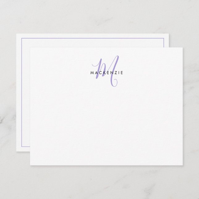 Elegant Modern White Lavender Script Monogram Note Card (Front/Back)