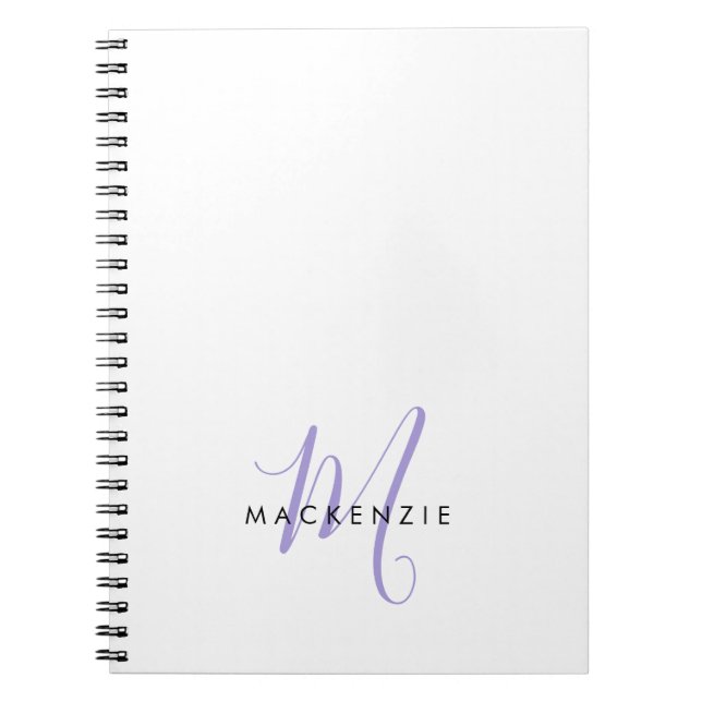Elegant Modern White Lavender Script Monogram Notebook (Front)