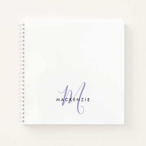 Elegant Modern White Lavender Script Monogram Notebook
