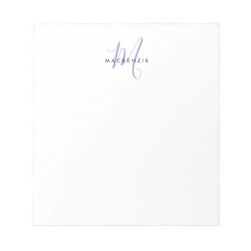 Elegant Modern White Lavender Script Monogram Notepad