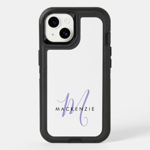 Elegant Modern White Lavender Script Monogram OtterBox iPhone 14 Case