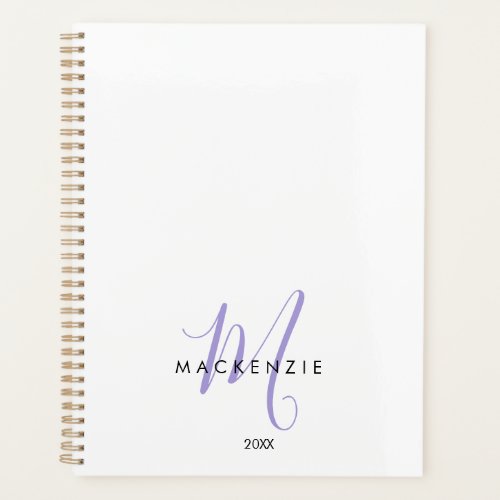 Elegant Modern White Lavender Script Monogram Planner