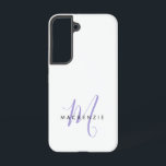 Elegant Modern White Lavender Script Monogram Samsung Galaxy S22 Case<br><div class="desc">Elegant Modern White Lavender Script Monogram Phone Case. An elegant Lavender script monogram combined with a clean black san-serif font makes for a contemporary look.</div>