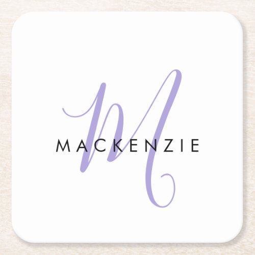 Elegant Modern White Lavender Script Monogram Square Paper Coaster
