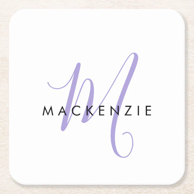 Elegant Modern White Lavender Script Monogram Square Paper Coaster | Zazzle