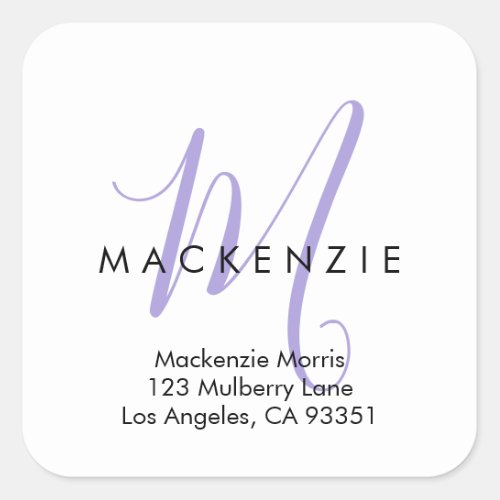 Elegant Modern White Lavender Script Monogram Square Sticker