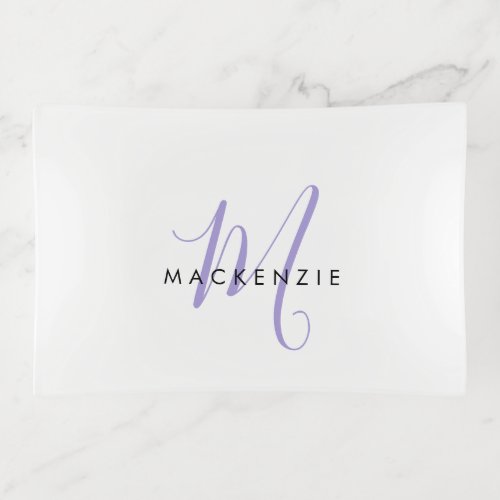 Elegant Modern White Lavender Script Monogram Trinket Tray