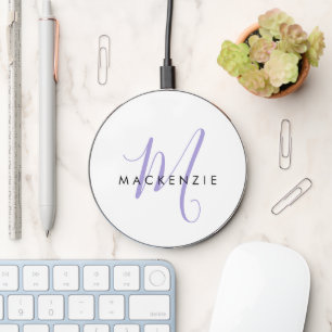 Elegant Modern White Lavender Script Monogram Wireless Charger