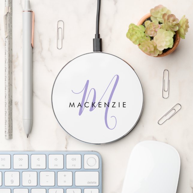 Elegant Modern White Lavender Script Monogram Wireless Charger (Desk)