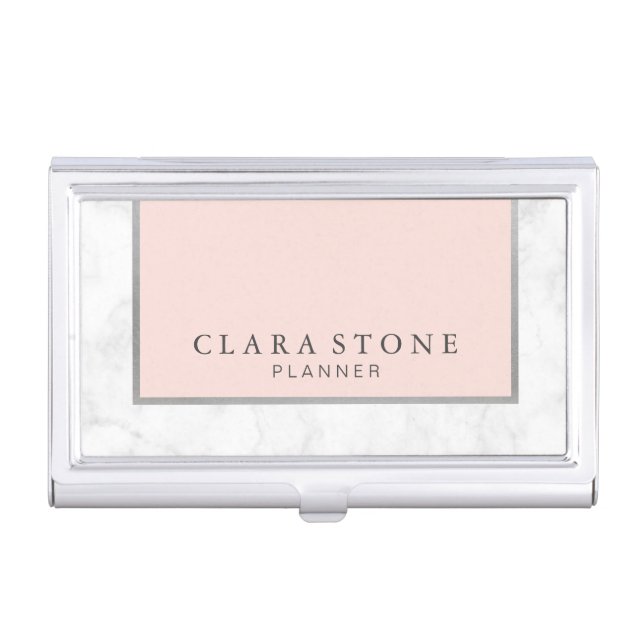 Elegant modern white marble blush pink & silver business card case (Front)