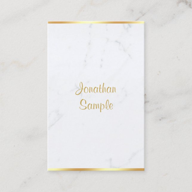 Elegant Modern White Marble Gold Hand Script Top Business Card (Front)