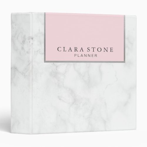 Elegant modern white marble pastel pink  silver 3 ring binder