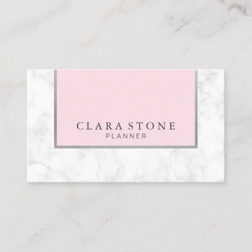 Elegant modern white marble pastel pink  silver business card